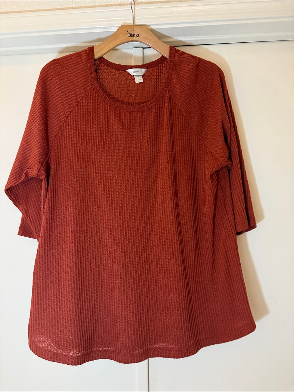 CJ Banks Waffle Knit 3/4 Sleeve Top - Rust